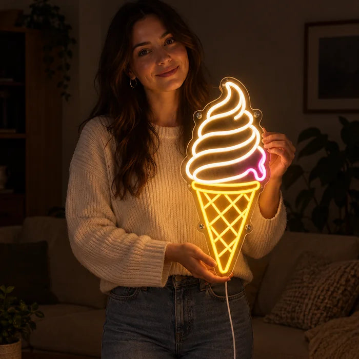 Softeis Neon LED Schild von einer Frau gehalten, zeigt die Größe im Vergleich zum Körper