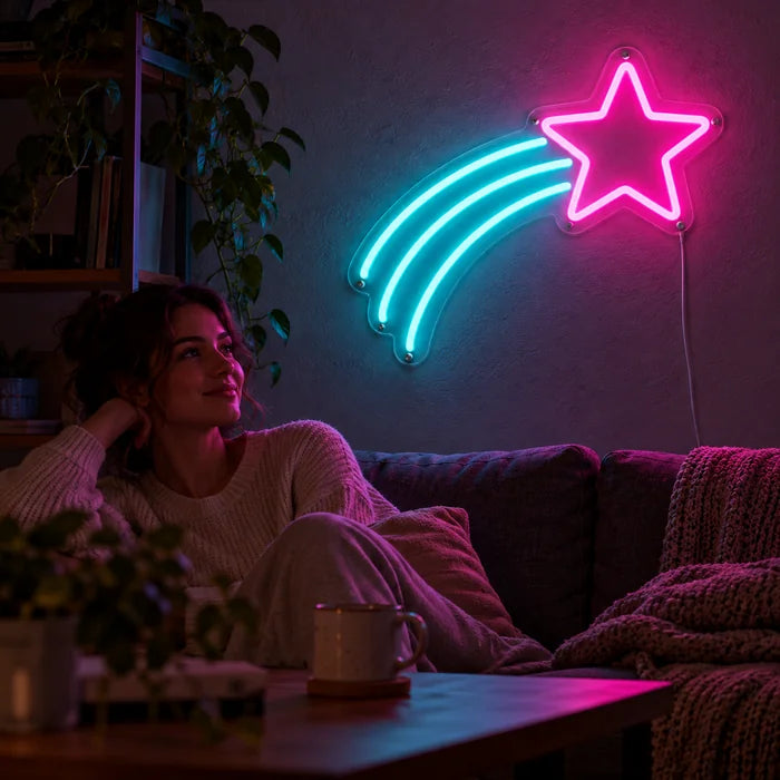 Sternenflug Neon LED Schild an der Wohnzimmerwand, davor entspannt eine Person auf dem Sofa