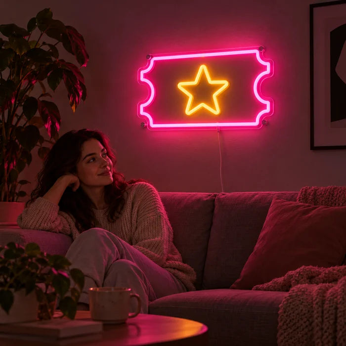 Sternticket Neon LED Schild an der Wohnzimmerwand, davor entspannt eine Person auf dem Sofa