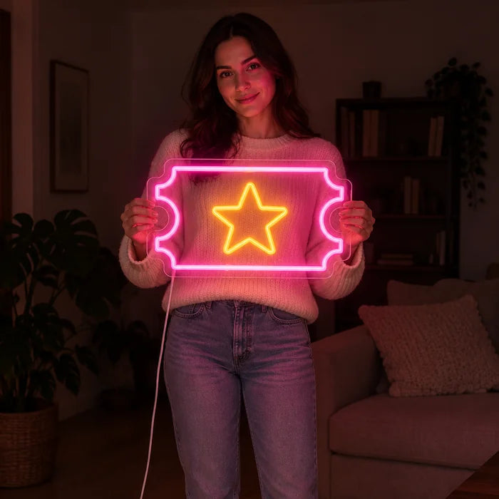 Sternticket Neon LED Schild von einer Frau gehalten, zeigt die Größe im Vergleich zum Körper