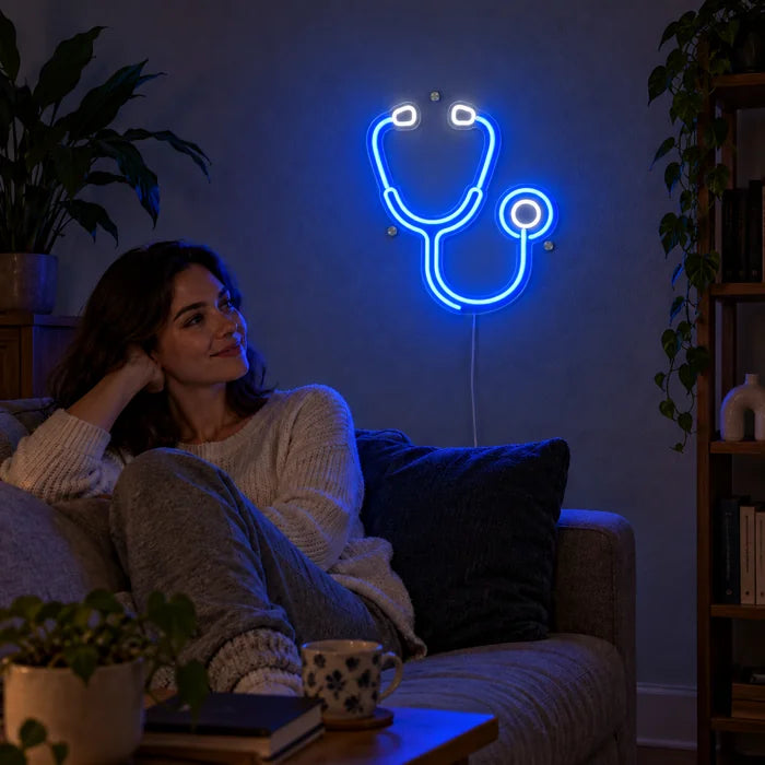 Stethoskop Neon LED Schild an der Wohnzimmerwand, davor entspannt eine Person auf dem Sofa