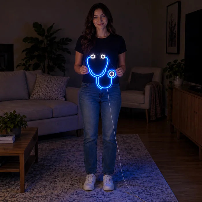 Stethoskop Neon LED Schild von einer Frau gehalten, zeigt die Größe im Vergleich zum Körper