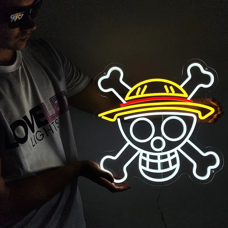 LED Neonschild Strohhut Totenkopf – originelle Neon Wanddeko für Fans