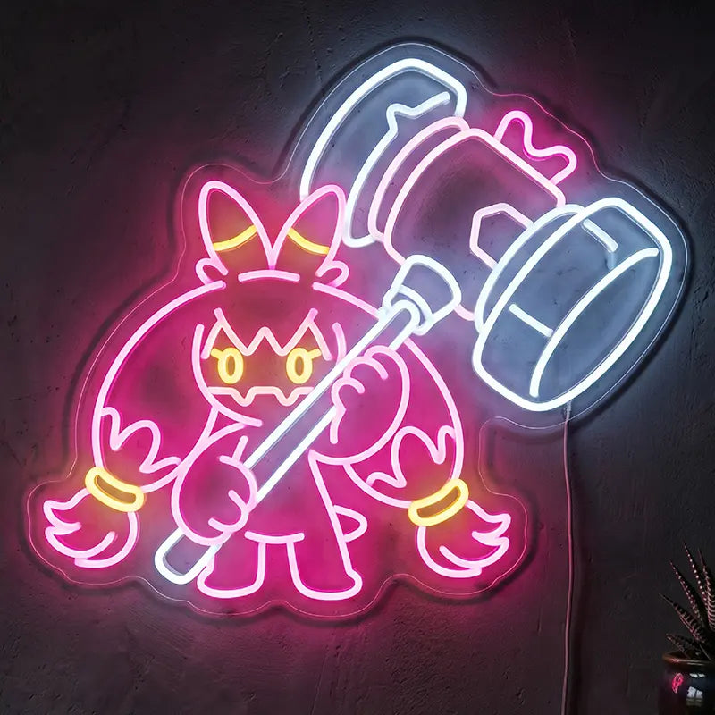 Tinkaton Pokémon Neon LED Schild 12V – Fee-Pokémon mit Hammer Deko in Pink