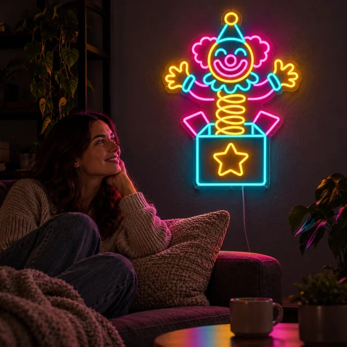 Überraschungsclown Neon LED Schild an der Wohnzimmerwand, davor entspannt eine Person auf dem Sofa