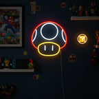 Auffälliges LED-Schild des Superpilz-Maskottchens aus dem Mario-Universum, beleuchtet in Rot, Weiß, Gelb.
