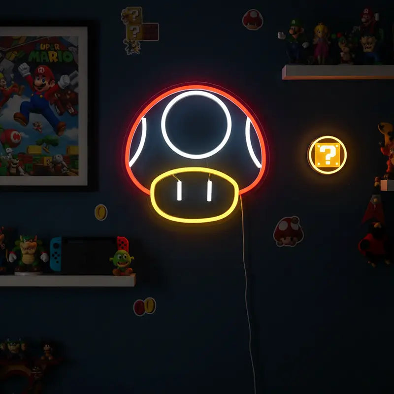 Auffälliges LED-Schild des Superpilz-Maskottchens aus dem Mario-Universum, beleuchtet in Rot, Weiß, Gelb.
