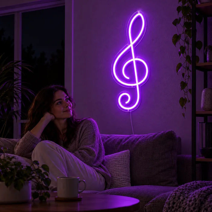 Violinschlüssel Neon LED Schild an der Wohnzimmerwand, davor entspannt eine Person auf dem Sofa