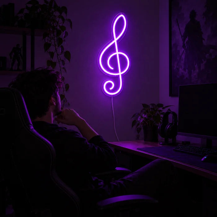Violinschlüssel Neon LED Schild über dem Gaming-Schreibtisch, davor ein Spieler im Gaming-Stuhl