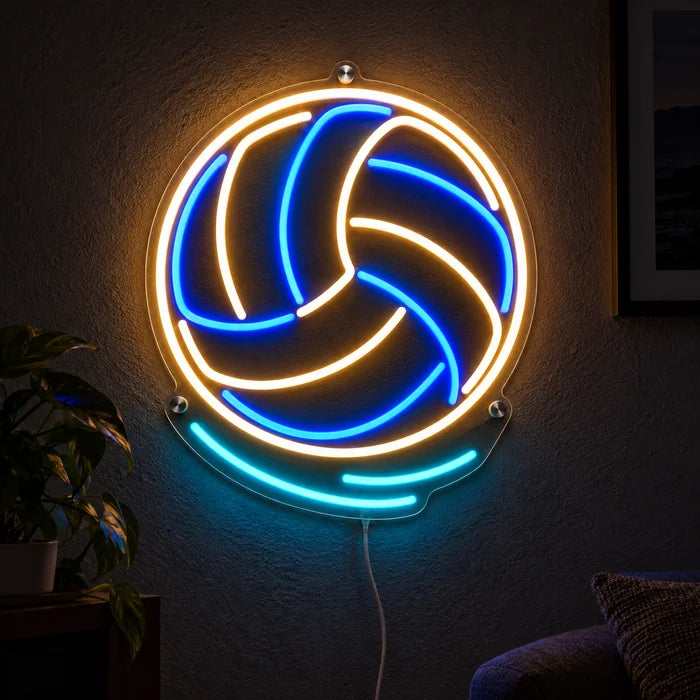 Volleyball Neon LED Schild leuchtend an einer dunklen Wand, Nahaufnahme mit Anschlusskabel