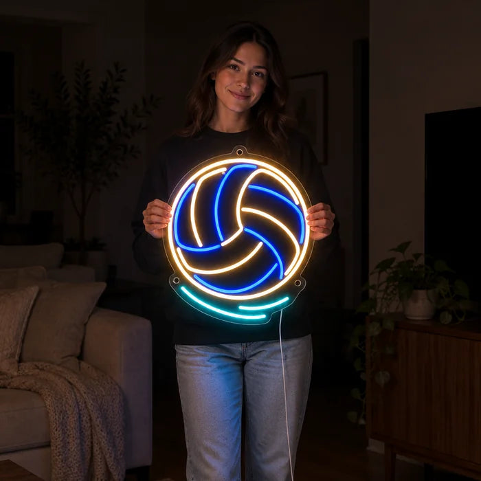 Volleyball Neon LED Schild von einer Frau gehalten, zeigt die Größe im Vergleich zum Körper