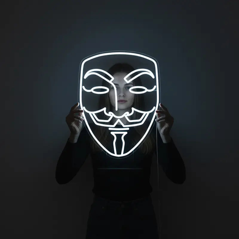 Vendetta Maske Neon LED Schild USB – weißes Statement als Geschenk für Aktivisten