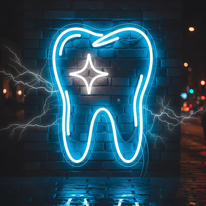 Neon-Schild in der Form eines Zahns, leuchtend in hellem Blau und mit einem weißen Glanzstern in der Mitte.
